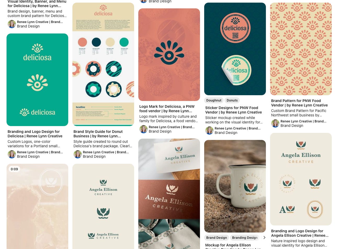 Screenshot of ten pinterest pins with examples of my brand design work. Style guides, logo families, and brand patterns.