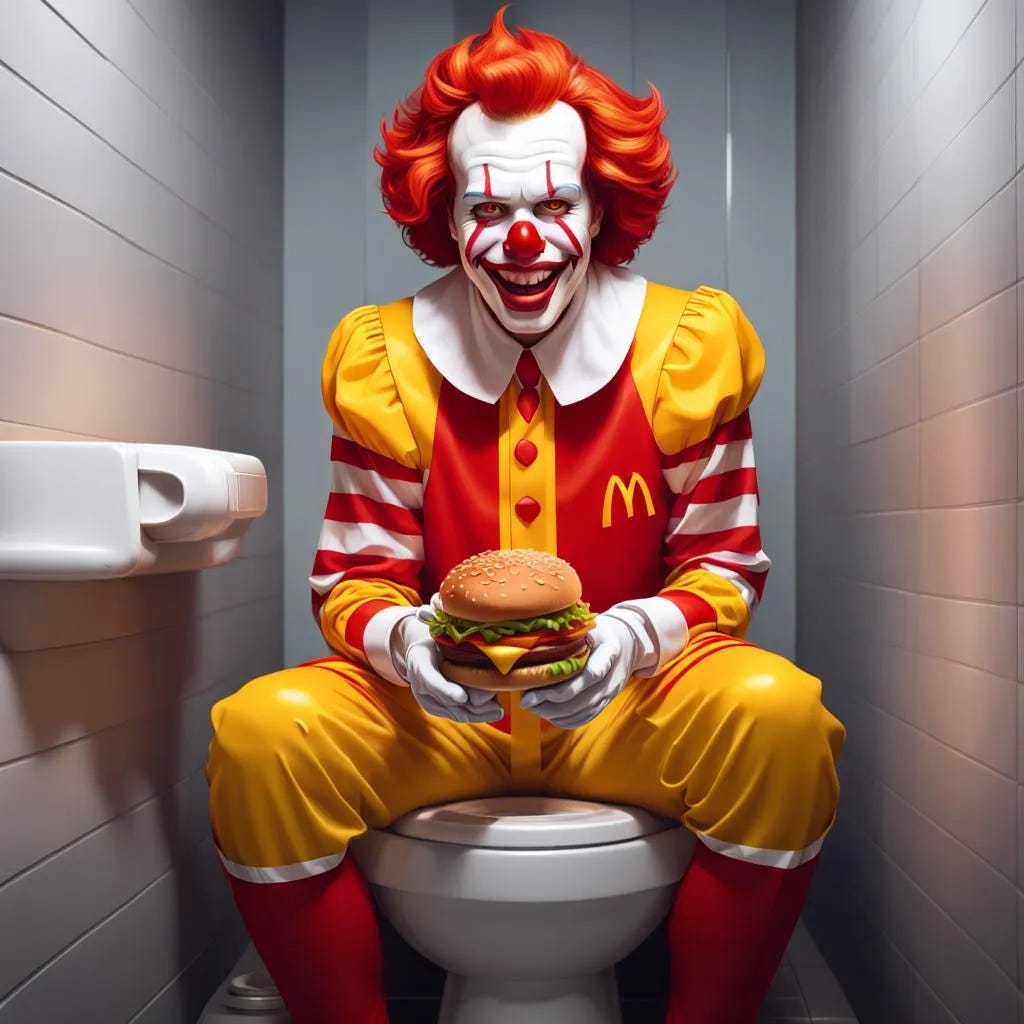 Creepy Ronald McDonald, cheese burger