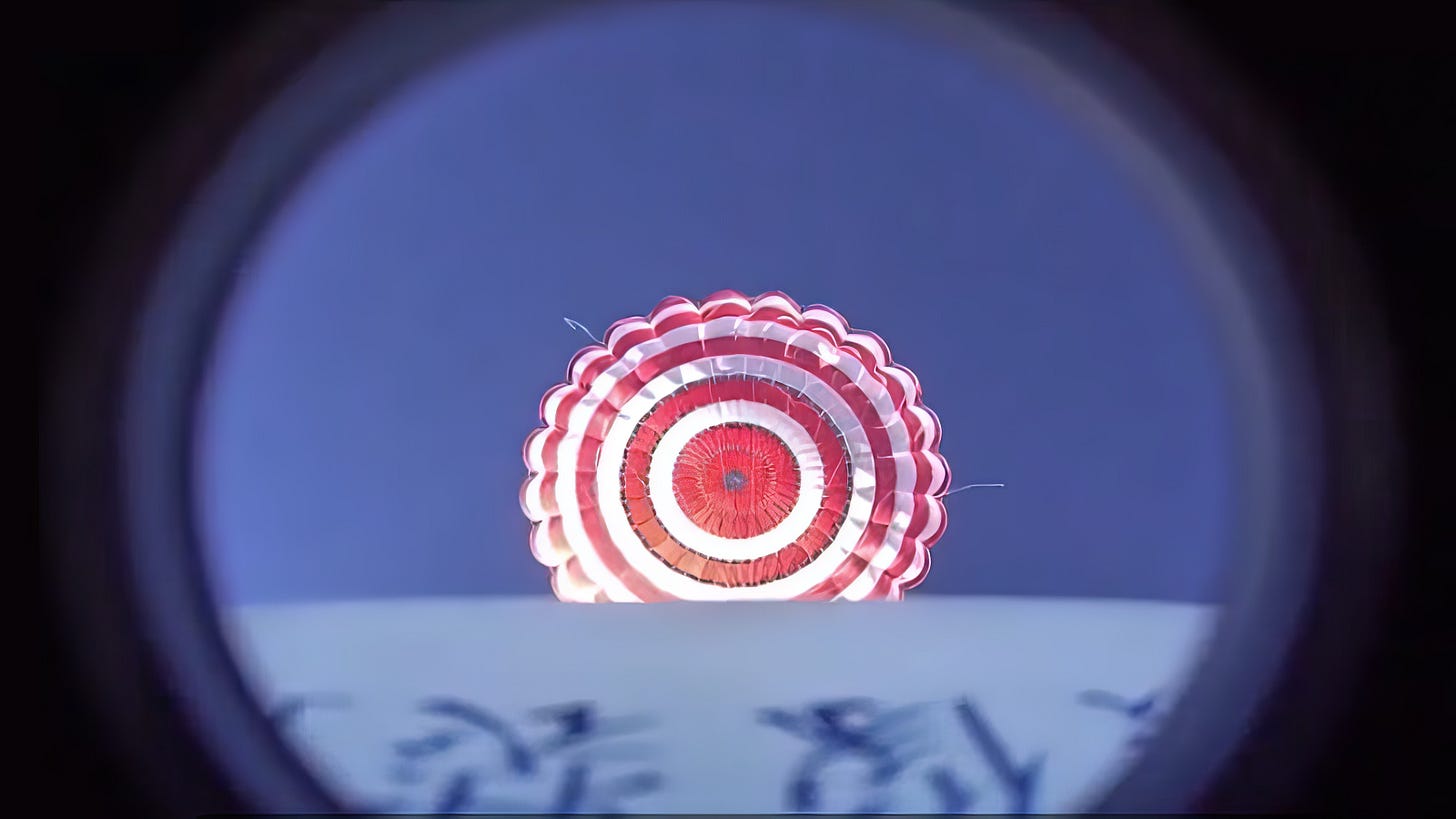 A view from Lihong-1’s experiment return capsule looking up at its parachute.