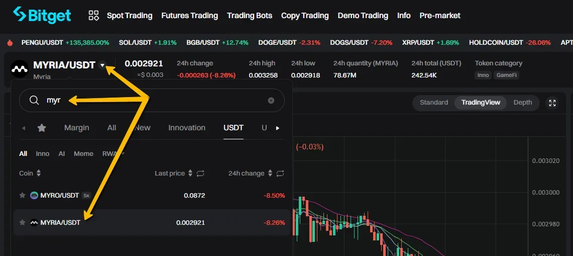 Close-up screenshot of the Bitget interface showing the dropdown menu for selecting a spot trading pair like MYRIA/USDT Close-up screenshot of the Bitget interface showing the dropdown menu for selecting a spot trading pair like MYRIA/USDT