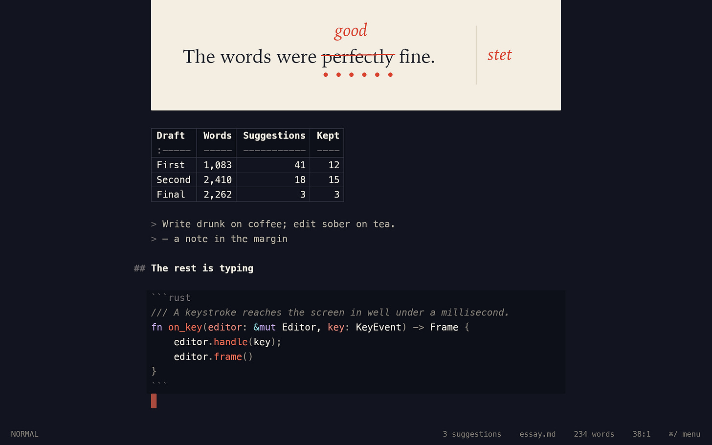 The essay in the dark stet-ink theme with a highlighted Rust code block. The essay in the dark stet-ink theme with a highlighted Rust code block.