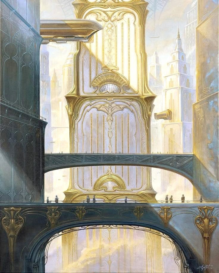 This may contain: an artistic painting of a cityscape with tall buildings and arches in the foreground