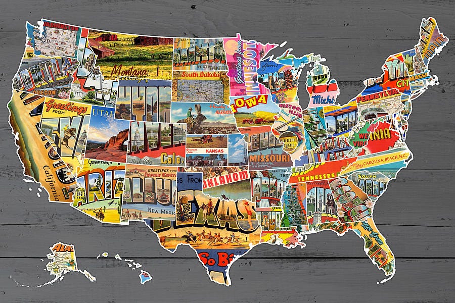 Postcards of the United States Vintage USA Map on Gray Wood Background  Mixed Media by Design Turnpike - Fine Art America