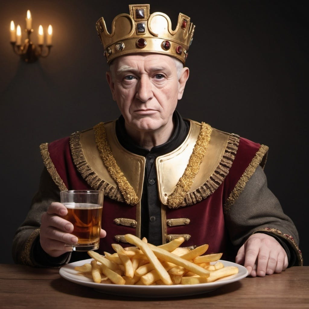 Royal figure in crown and ceremonial robes enjoying french fries and a drink at a wooden table, creating a humorous contrast between royal authority and everyday food.