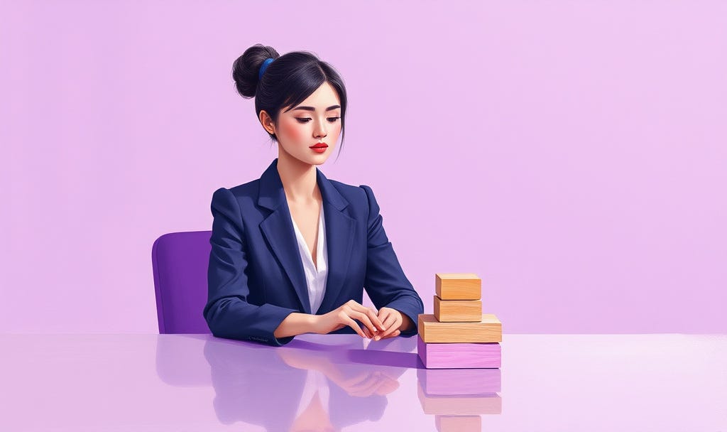 Abstract painting in light purple tones depicting a professional female business person sitting at a table, stacking four blocks 