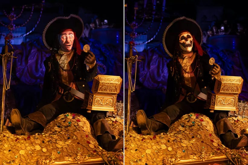 On the Pirates of the Caribean ride, the human pirate who turns into a skeleton now has a projected facial screen