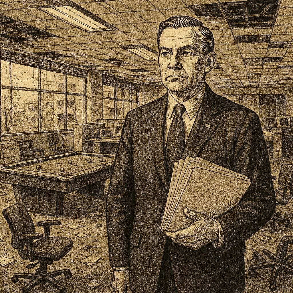 government bureaucrat standing in an abandoned silicon valley tech office. 2000s style. pool table and broken office chairs. 2000s vintage photo. 1960s sci-fi drawing.