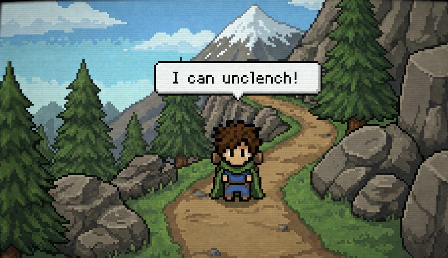 Pixel-art adventurer on a mountain path, saying 'I can unclench!' Pixel-art adventurer on a mountain path, saying 'I can unclench!'