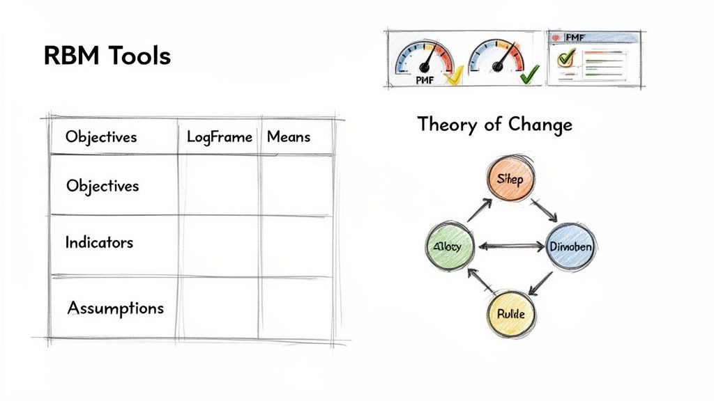Diagrams illustrating RBM Tools, including a LogFrame with objectives and indicators, and a Theory of Change model. Diagrams illustrating RBM Tools, including a LogFrame with objectives and indicators, and a Theory of Change model.