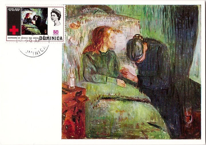 Máximo postal The Sick Child (1885). Edvard Munch. Dominica, 1970.