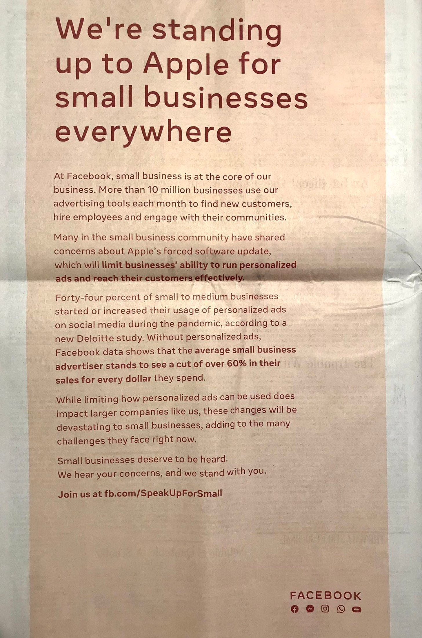 Facebook Takes Out Full-Page Newspaper Ads to Attack Apple&#39;s iOS Privacy  Changes - MacRumors