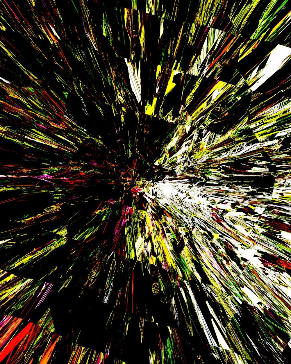 Abstract explosion of colorful fragmented shapes and distorted shapes.