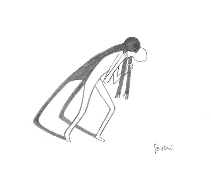 This may contain: a drawing of a woman with long hair walking away from the camera, holding her head in her hands