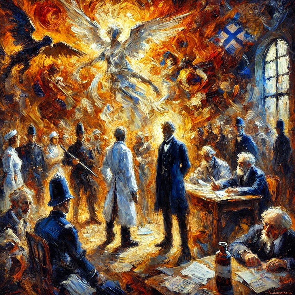 An impressionist and abstract oil painting with thick, expressive brush strokes, capturing the controversy around Pasteur’s rabies treatment. The scene is loosely defined, with a dramatic interplay of light and shadow in a 19th-century hospital setting. Figures appear distorted yet evocative—Pasteur stands at the center, his form fragmented by bold strokes of white and gold, exuding authority. A police officer figure emerges from deep blues and blacks, untouched by rabies despite documented bite cases. Scattered papers in fiery reds and oranges symbolize conflicting records and statistical contradictions. A swirling, chaotic background blends maps and medical instruments in abstract forms, emphasizing the uncertainty and controversy surrounding treatment effectiveness. The painting is rich in warm tones with bursts of vibrant color, evoking movement and emotion.