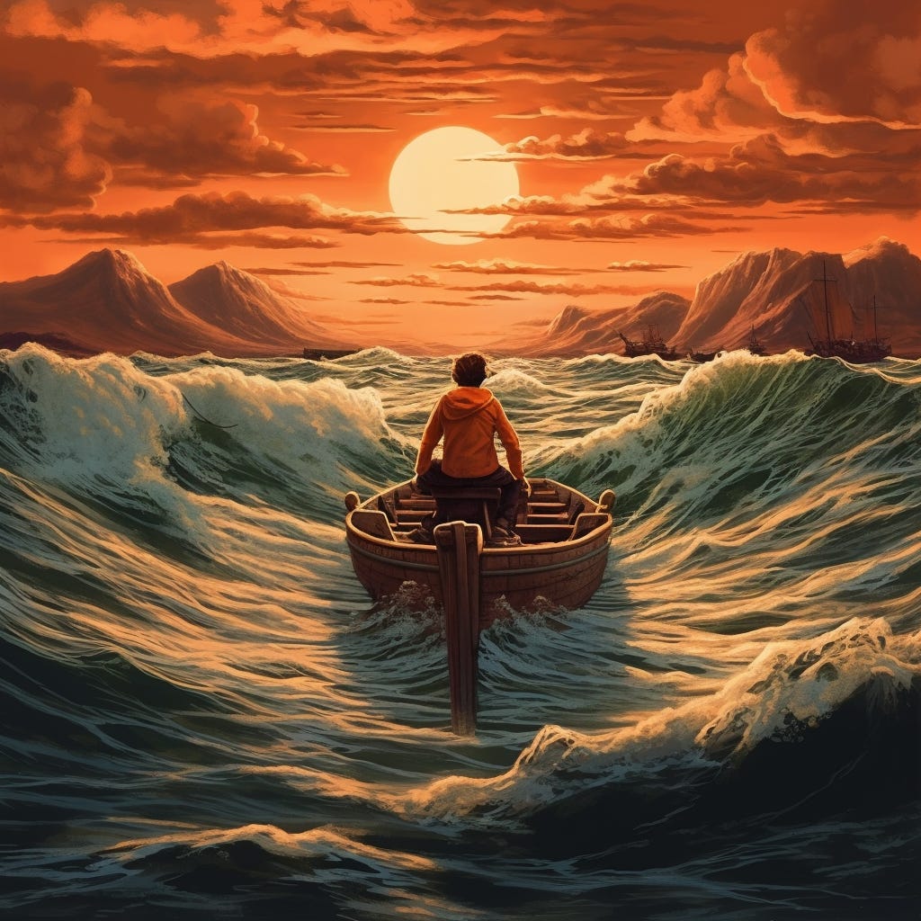 A shipwrewrecked sailor in a rickety rowboat finds land on the horizon at dusk, an orange sky highlighting the choppy waves as he approaches