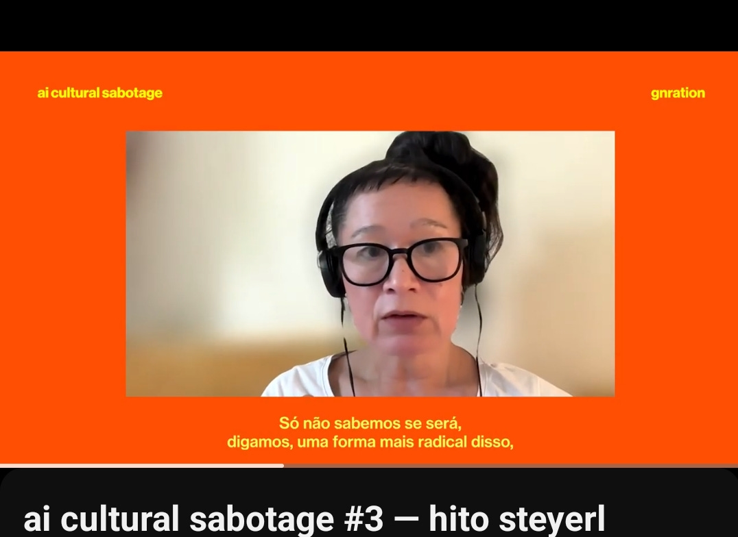 Hito Steyerl speaking about AI platforms as tools rather than instruments, discussing dependency and human labor extraction in generative systems.