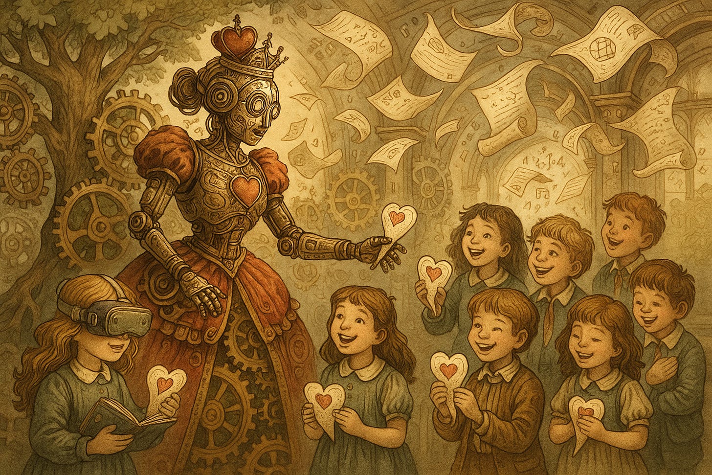 A clockwork Queen offers glowing heart-shaped scrolls; papers whirl overhead, echoing her playing-card court but in a friendly twist.