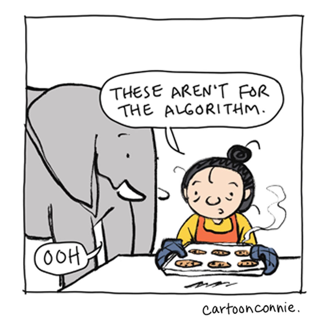 Excerpted panel from a comic strip illustrating a girl with a bun taking a break from social media and baking cookies for an elephant. Original art by Connie Sun, cartoonconnie, 2026.