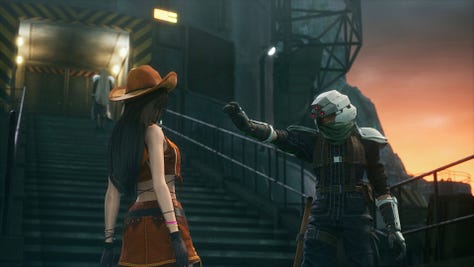 Cloud prevents Tifa from entering the reactor.