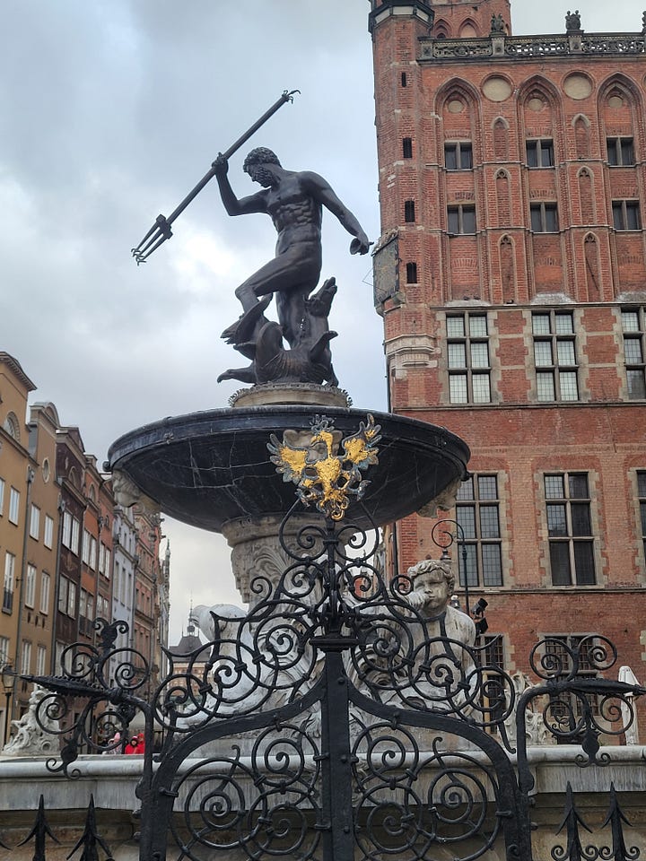 Five photographs of the historic main city in Gdansk, Poland.