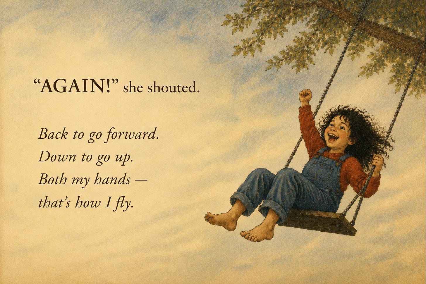 'AGAIN!' she shouted. Back to go forward. Down to go up. Both my hands, that's how I fly. Juno swings high with her fist in the air, laughing.