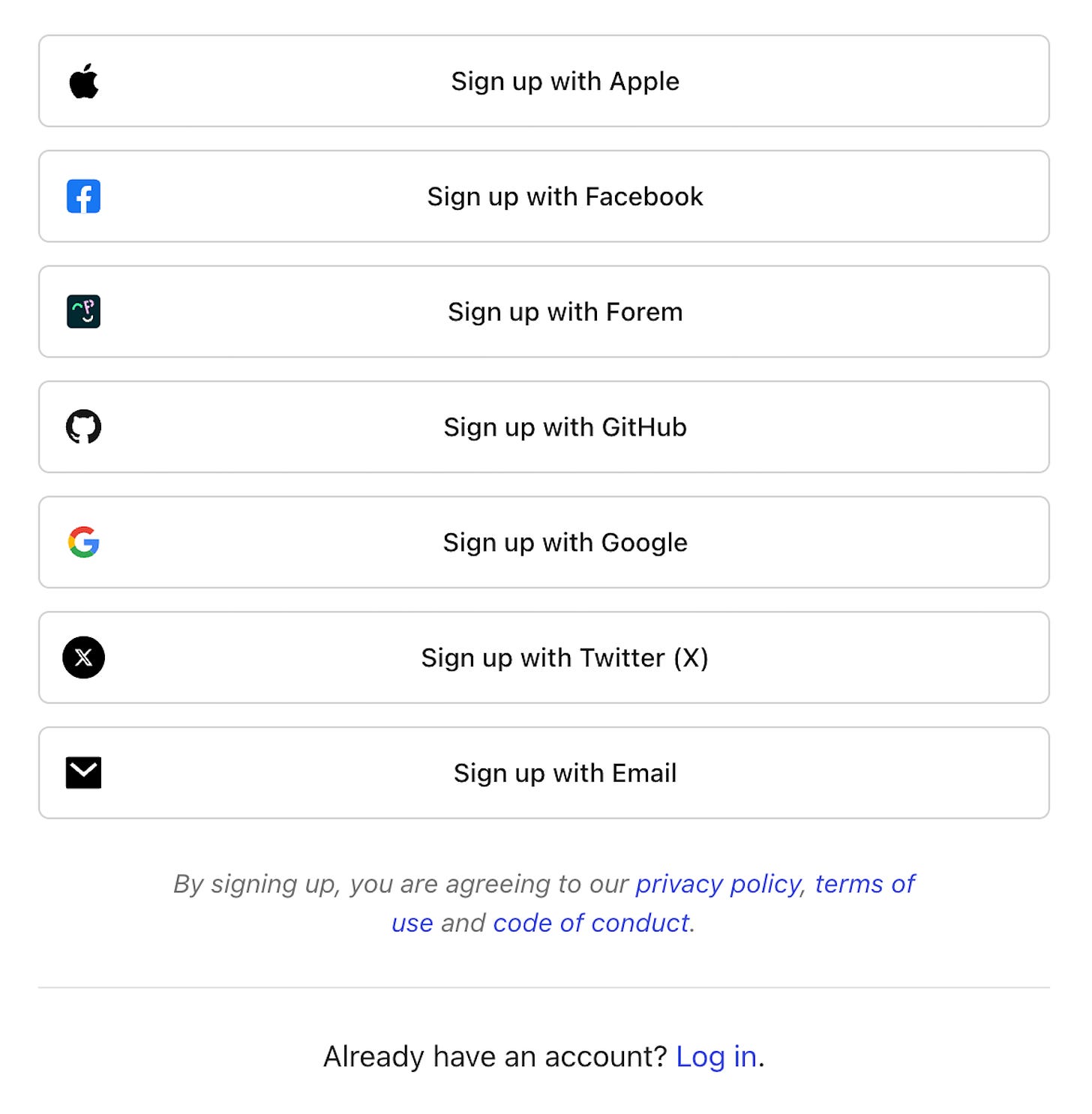 Sign up form with many external options