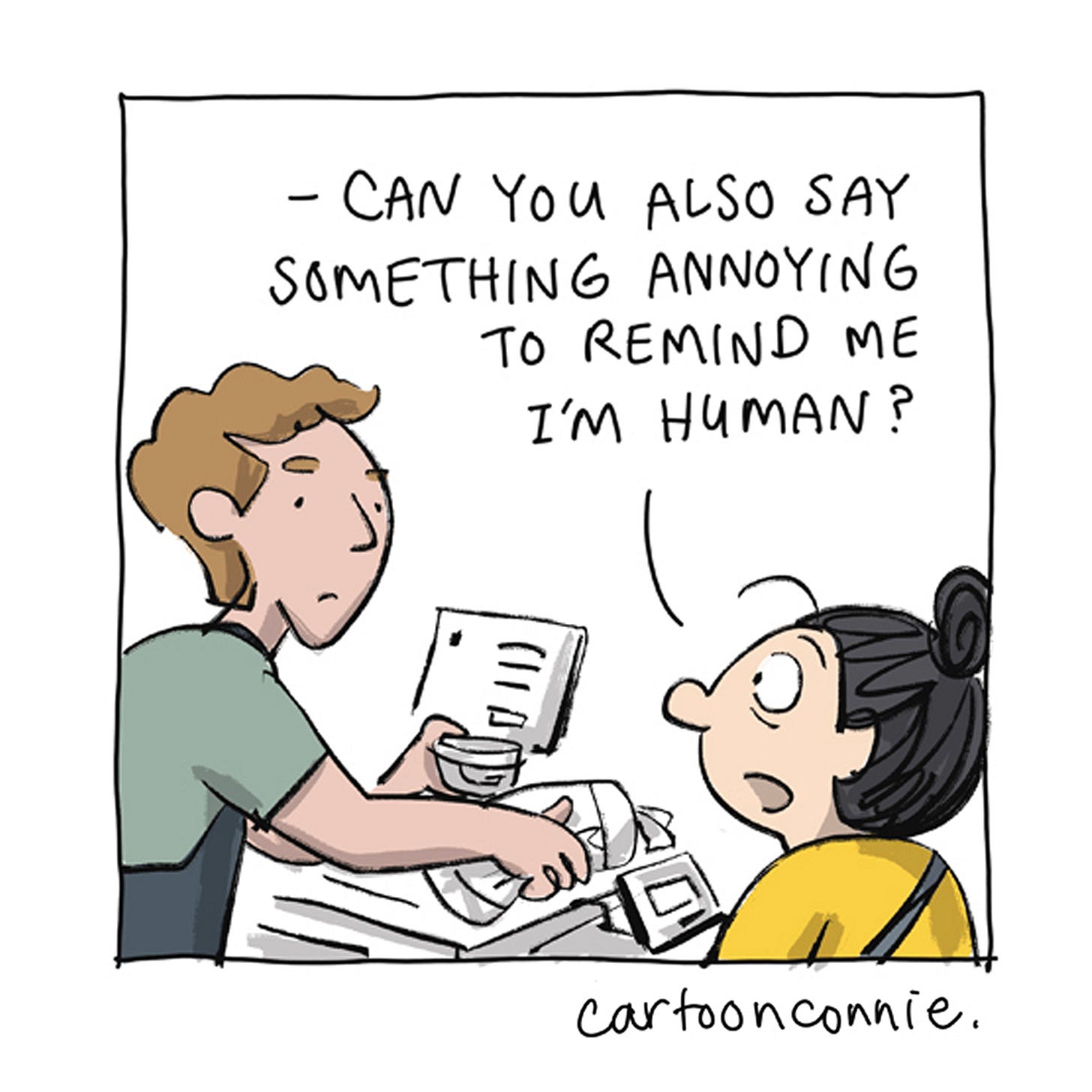 Panel 6/6 of a humorous 6-panel comic strip about self-reliance, in which an introverted character tests out the tension between needing and not needing other people. Titled "Introvert Productivity," 2026. Original artwork by Connie Sun, cartoonconnie. Panel 6/6 of a humorous 6-panel comic strip about self-reliance, in which an introverted character tests out the tension between needing and not needing other people. Titled "Introvert Productivity," 2026. Original artwork by Connie Sun, cartoonconnie.