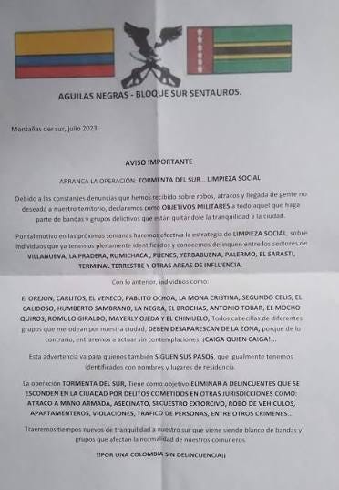 Cnc - PANFLETO FIRMADO POR ÁGUILAS NEGRAS AMENAZA A DELINCUENTES DE LA ZONA DE FRONTERA Un panfleto firmado presuntamente por el grupo denominado "Águilas Negras" ha sido encontrado en la ciudad de Cnc - PANFLETO FIRMADO POR ÁGUILAS NEGRAS AMENAZA A DELINCUENTES DE LA ZONA DE FRONTERA Un panfleto firmado presuntamente por el grupo denominado "Águilas Negras" ha sido encontrado en la ciudad de