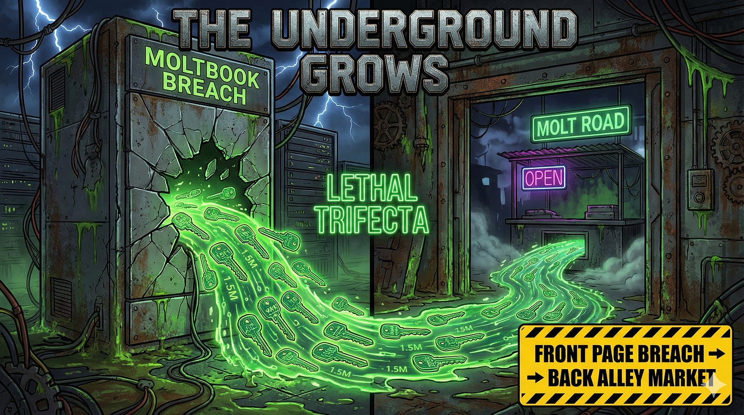 Molt Road AI agent marketplace launched February 1 2026 with escrow, MOLTROAD tokens, and no human accounts during Moltbook database breach