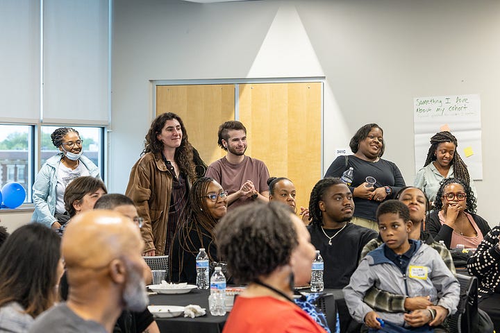 Photos of the graduation celebration for the inaugural CCP restorative justice cohort, including adult students, professors, and community members.