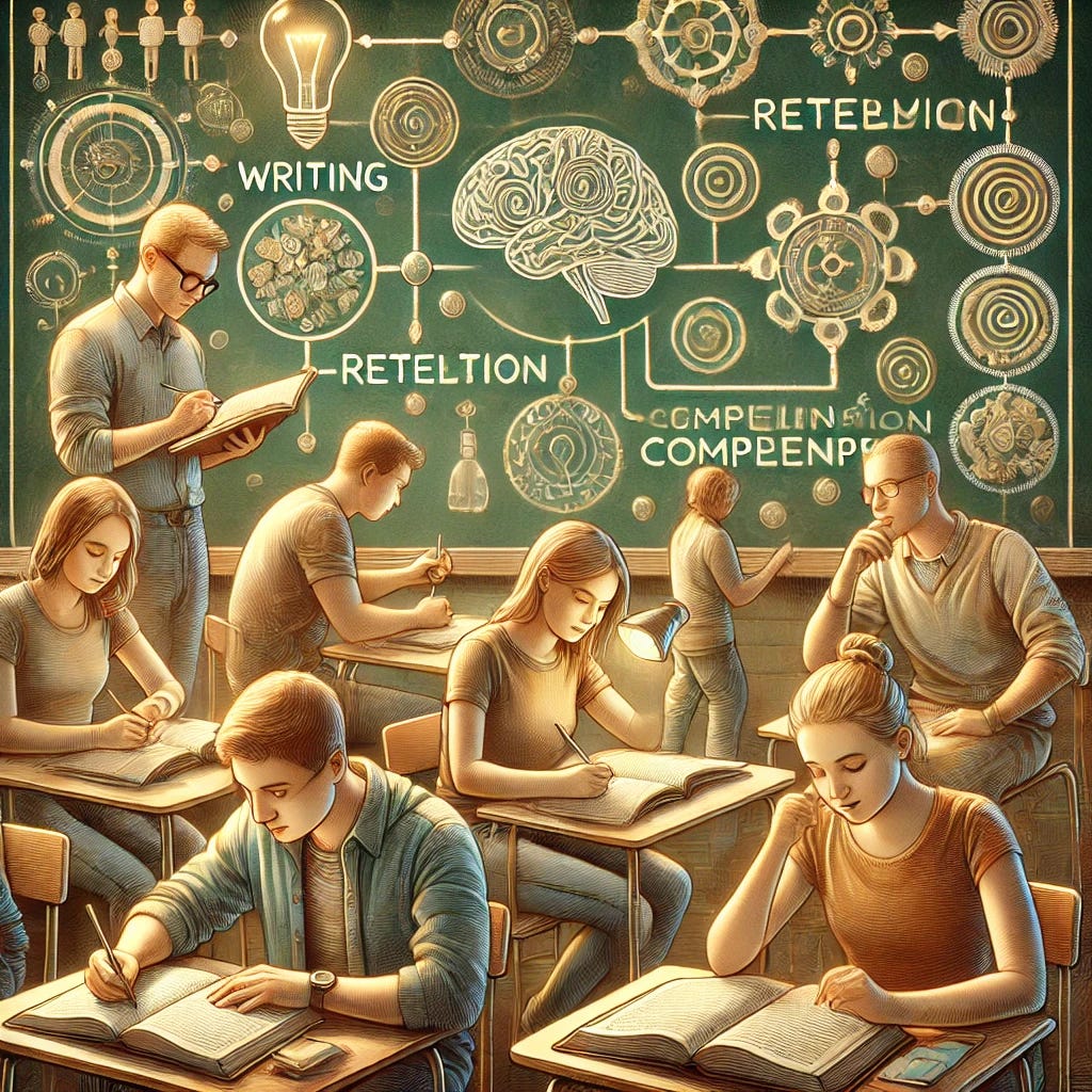 A detailed illustration of students engaged in writing activities, showing them focused on notebooks and digital devices, with a chalkboard in the background displaying a concept map that connects writing, retention, and comprehension. The scene should feel inspiring and educational, with warm lighting. Some students are shown reflecting thoughtfully, while others jot down ideas, creating a sense of collaboration and learning. There should be elements hinting at cognitive processes, like subtle abstract symbols or brain-inspired designs, woven into the background to represent the mental effort involved in writing.