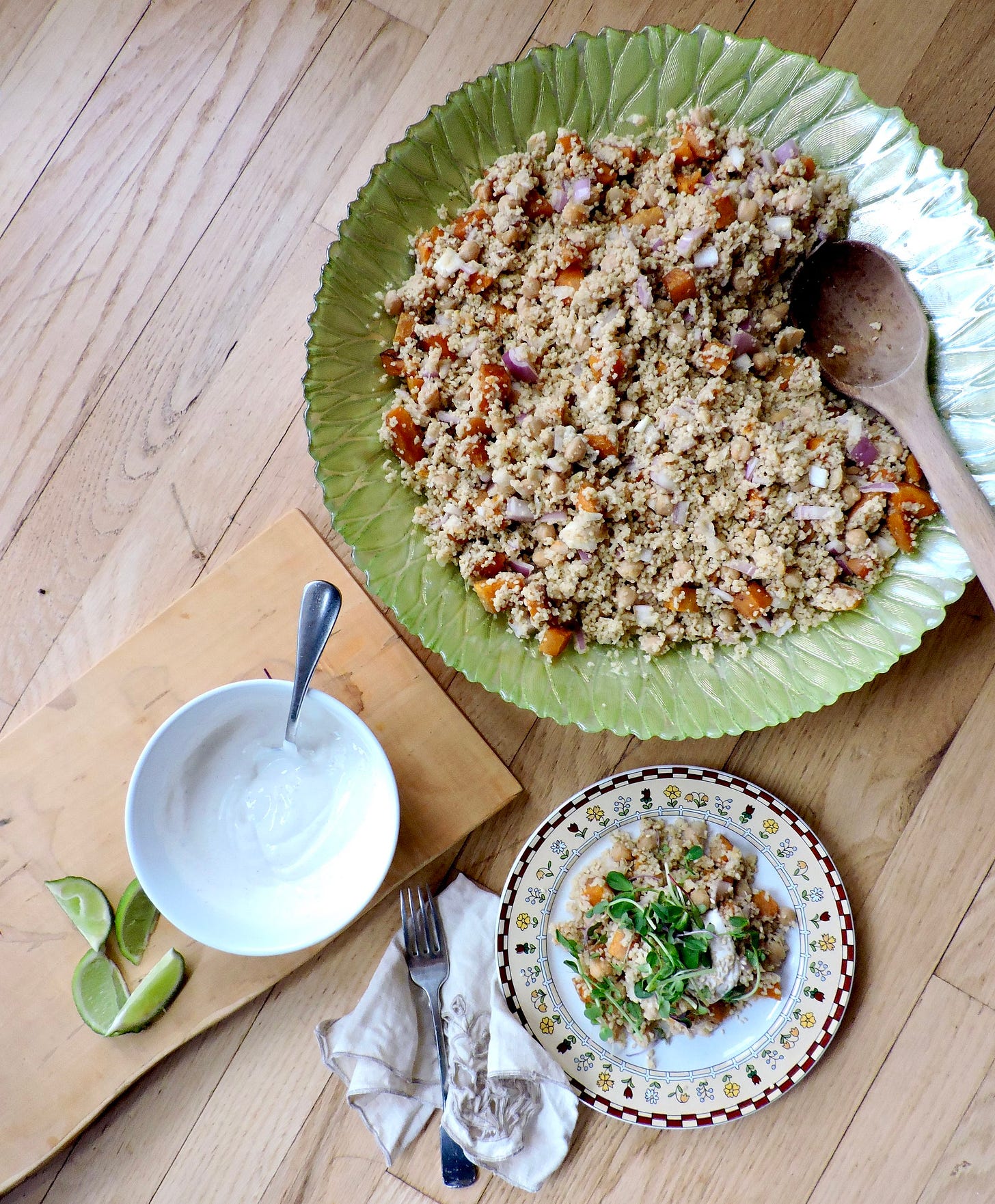 After the photo shoot, I realized I preferred the couscous salad on top of the greens, not vice versa. After the photo shoot, I realized I preferred the couscous salad on top of the greens, not vice versa.
