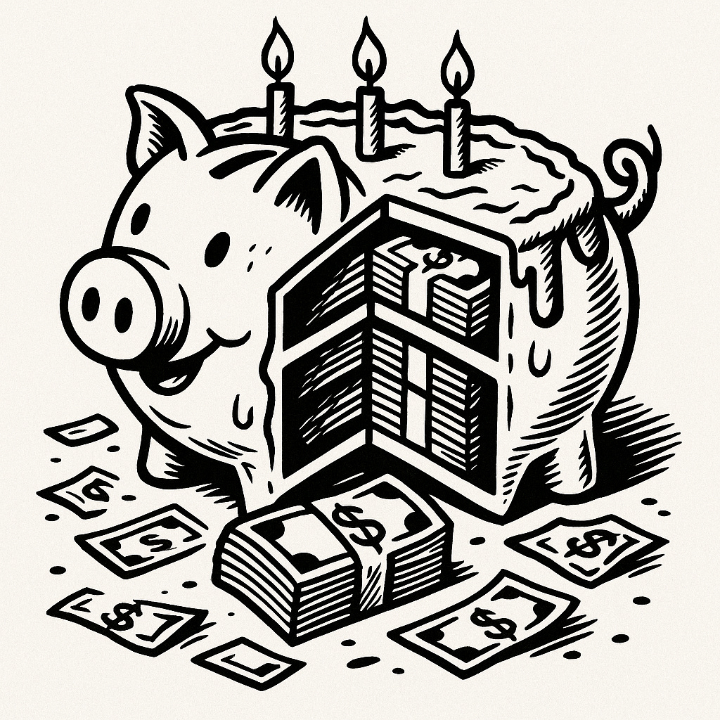 A pig cake with dollar bills stacked inside and spilling outside. 