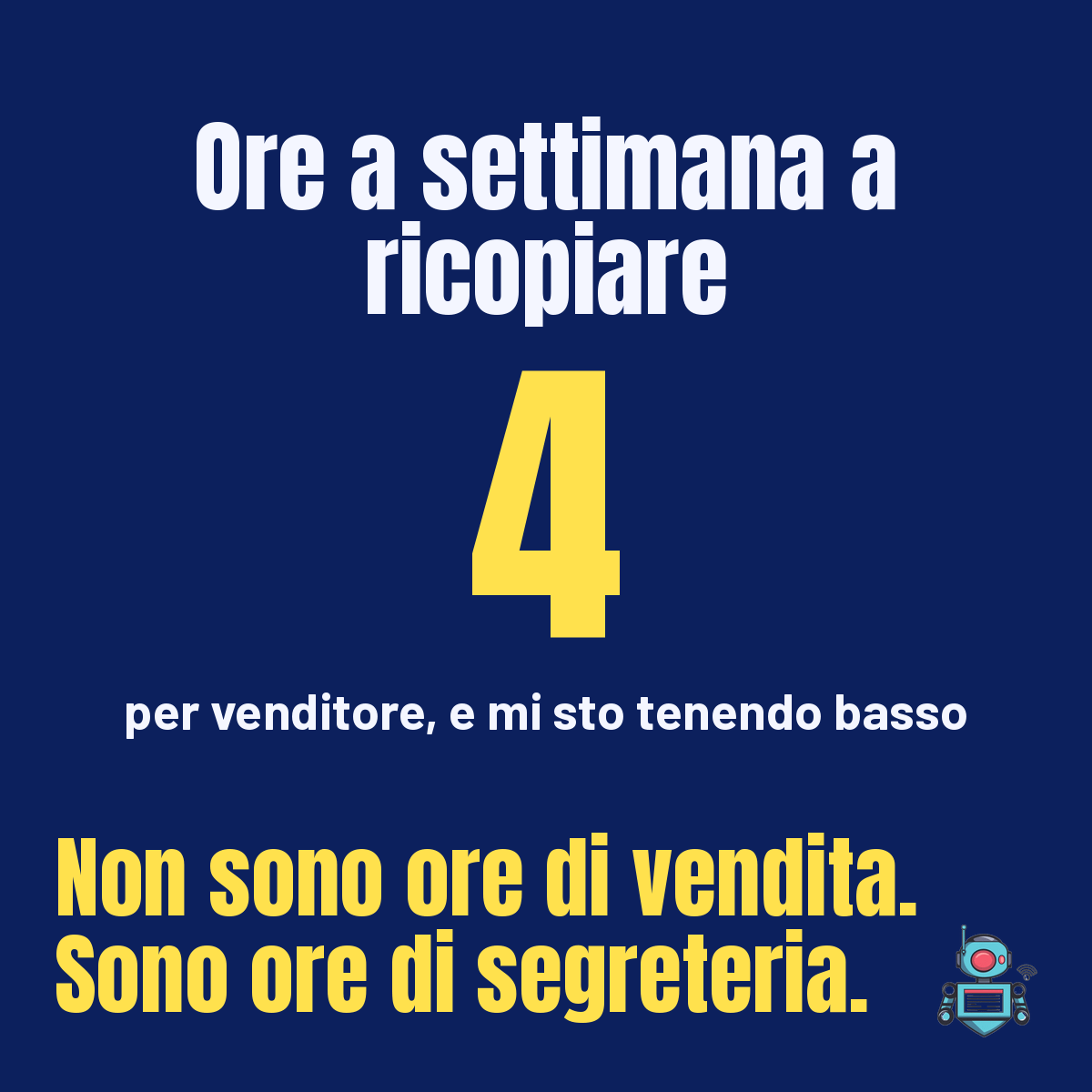 Le ore di ricopiatura a settimana per venditore, stima tenuta bassa: non sono ore di vendita, sono ore di segreteria