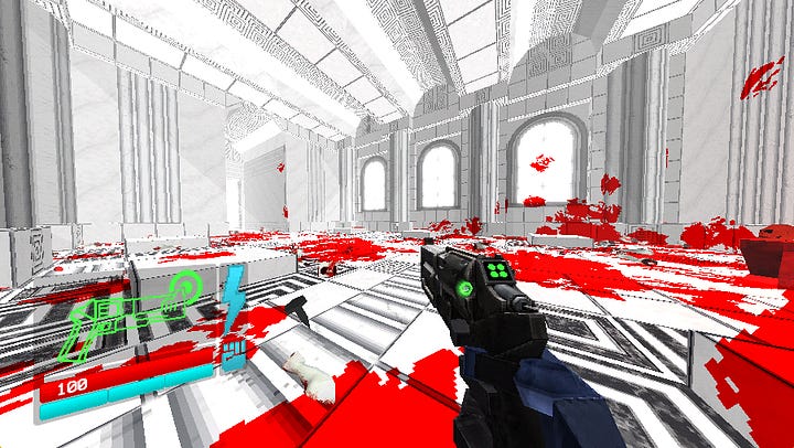 Two images. The first shows an stark white room with posing mannequins. The second is the same room splattered with the red blood of the now dead mannequins.