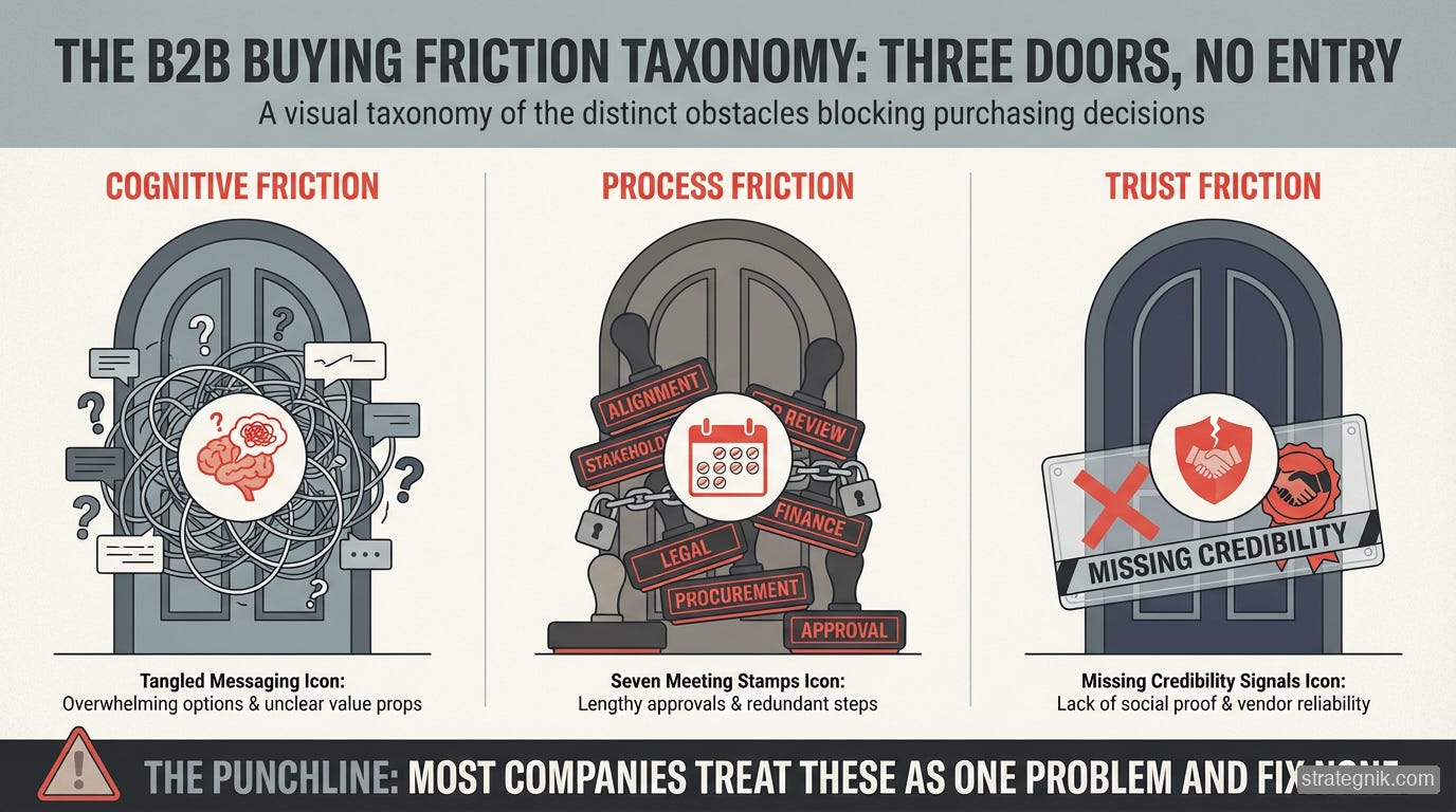 Three types of friction — cognitive, process, and trust — each requiring different fixes