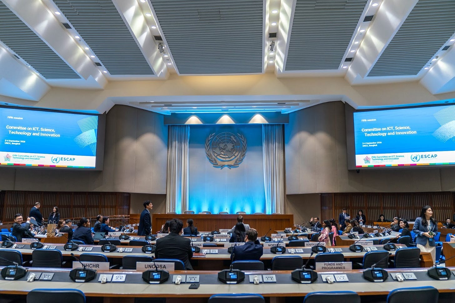 Delegates attend the fifth session of the UN ESCAP Committee on Information and Communications Technology, Science, Technology and Innovation in Bangkok, where discussions address digital transformation and the development of AI-native infrastructure across Asia-Pacific.