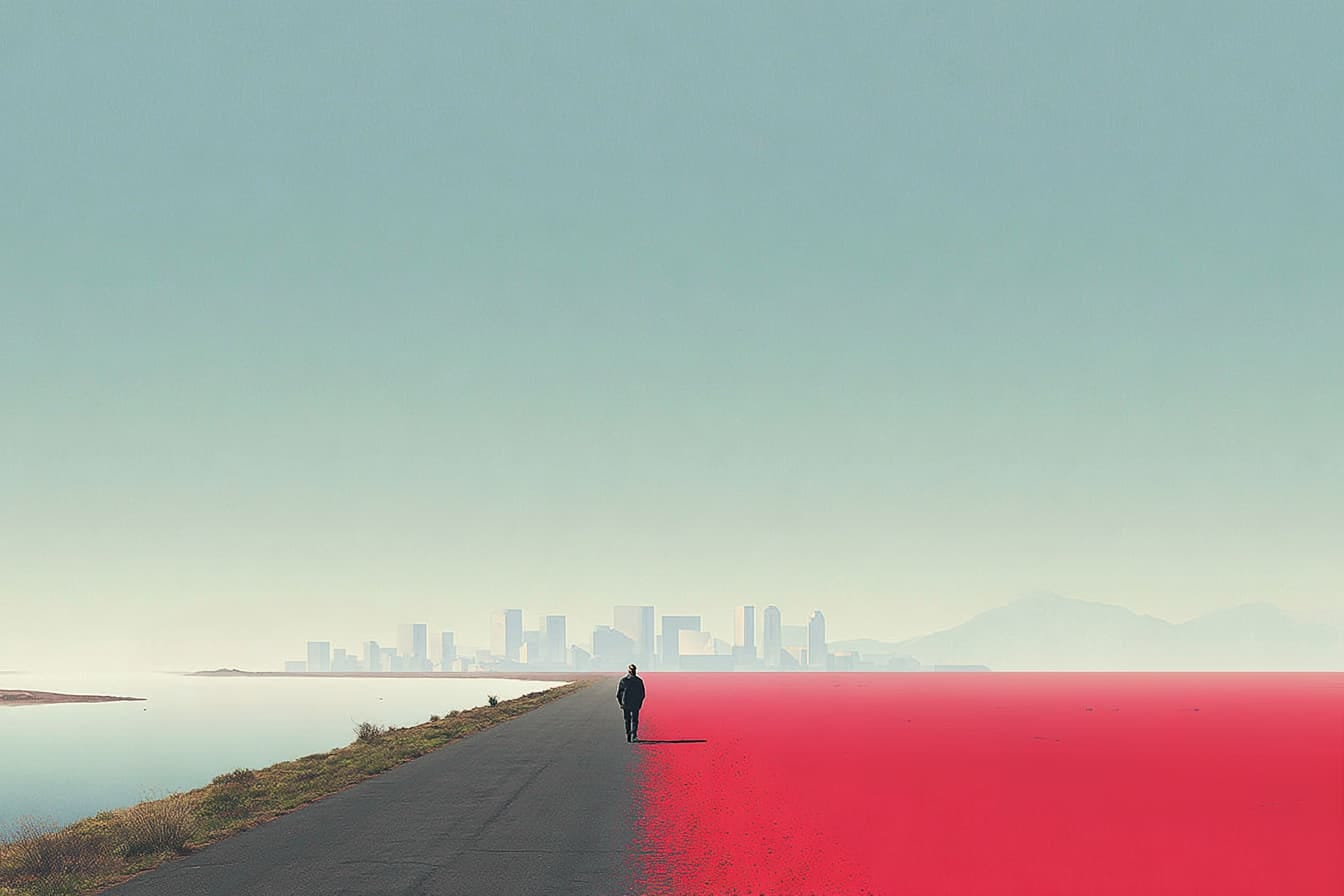 silhouette of a person walking along a dirt road. in the background, we can see a large expanse of a city skyline silhouette of a person walking along a dirt road. in the background, we can see a large expanse of a city skyline