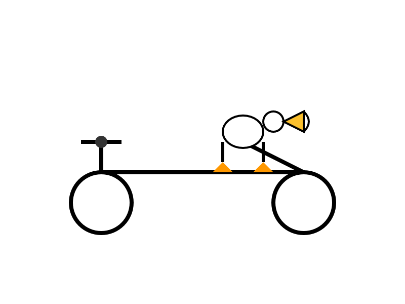 The bicycle is too simple and way too wide. The pelican is two circles, two orange triangular feed and a big triangle for the beak.