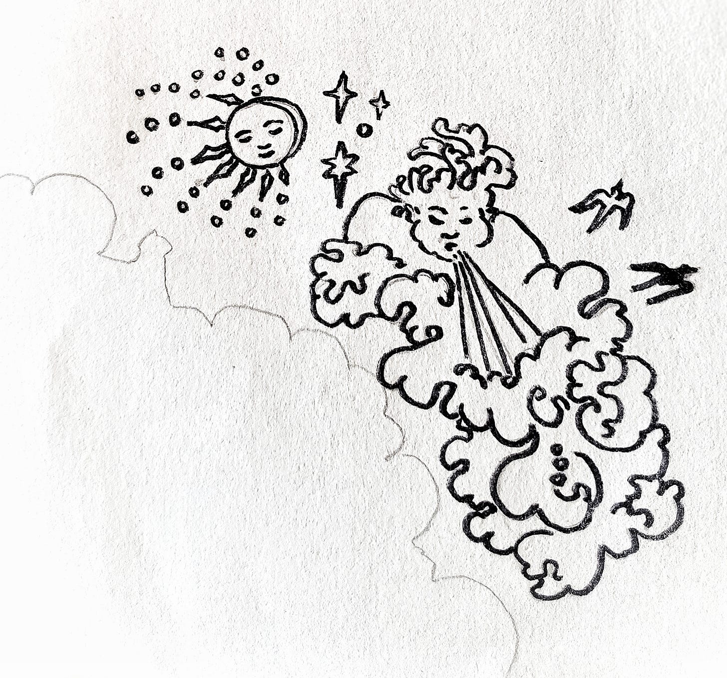 A line drawing, a personification of the wind blowing, while the sun looks down