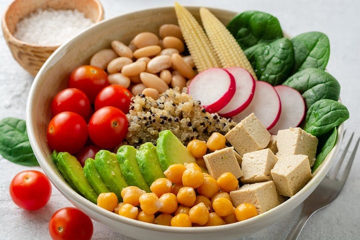 Tofu, quinoa, and two-bean protein bowl