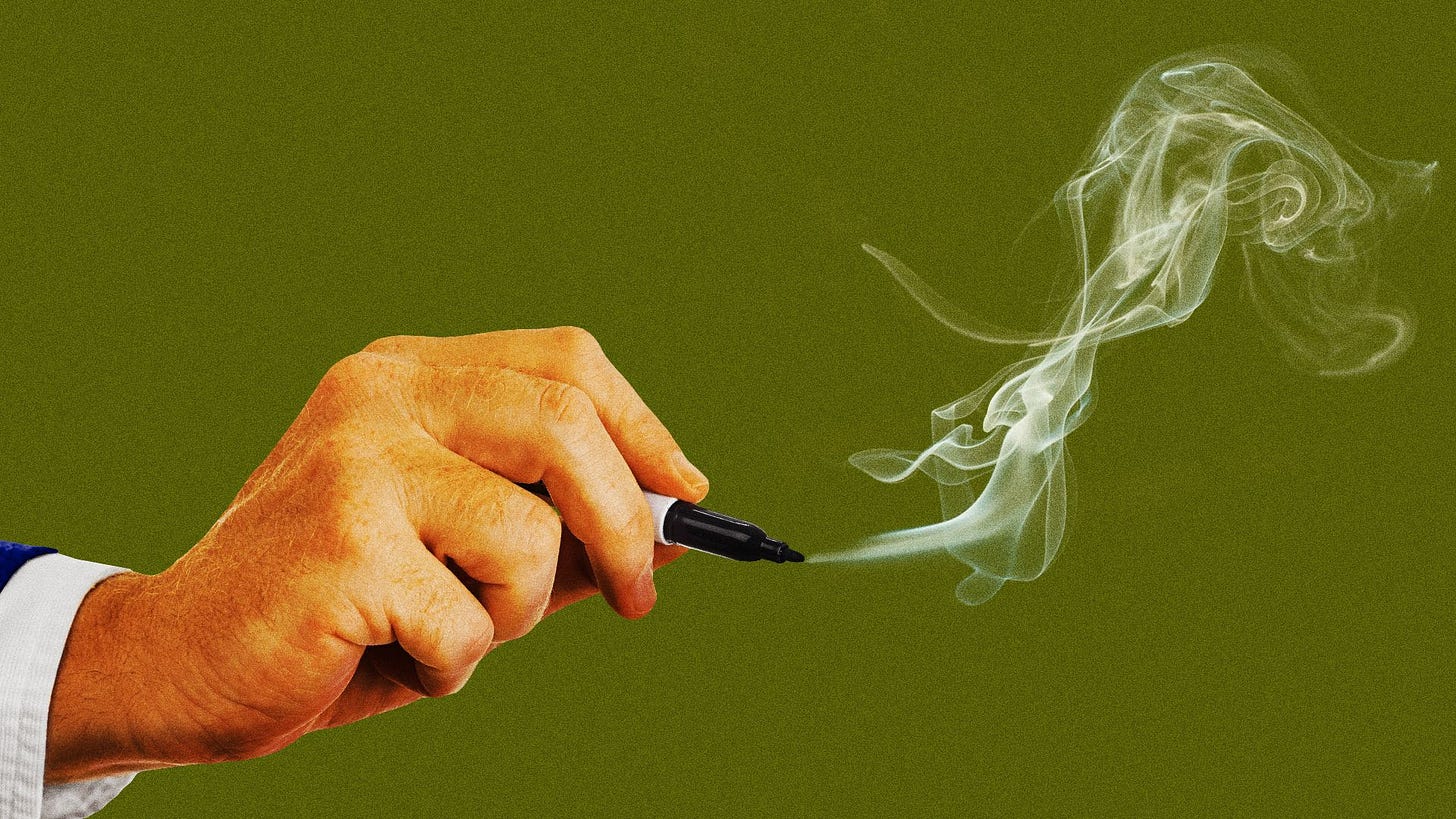 Illustration of a hand resembling Donald Trump holding a black pen emitting a swirl of white smoke against a solid olive green background.