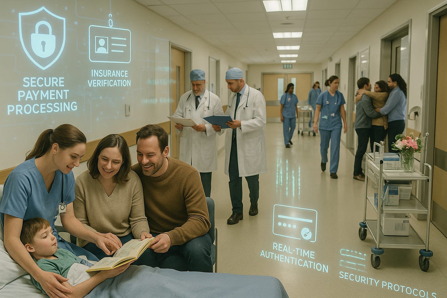 Hospital family reading together while secure FinTech systems process payments invisibly around them. 