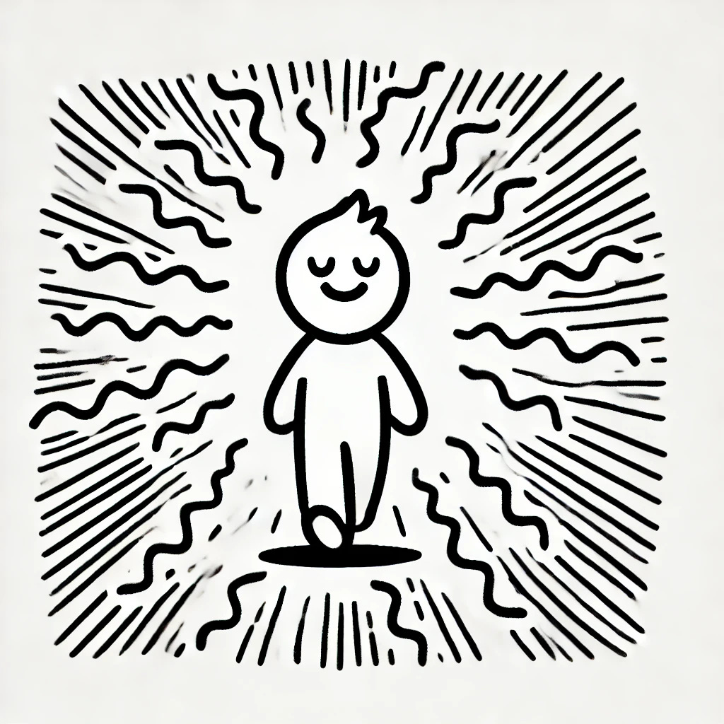 A simple black-and-white illustration of a character walking confidently, surrounded by an aura of positive energy represented by lines or waves, without any text or words. The character has a joyful and energetic posture, and the high vibration is visually expressed through the surrounding aura. The style remains consistent with clean lines and minimal shading, focusing solely on the character's positive energy and the vibrant aura around them.