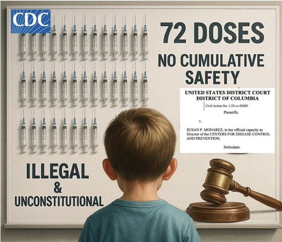 A child looks at a CDC poster showing 72 syringes, labeled “72 doses no cumulative safety,” with text calling it illegal and unconstitutional. A child looks at a CDC poster showing 72 syringes, labeled “72 doses no cumulative safety,” with text calling it illegal and unconstitutional.