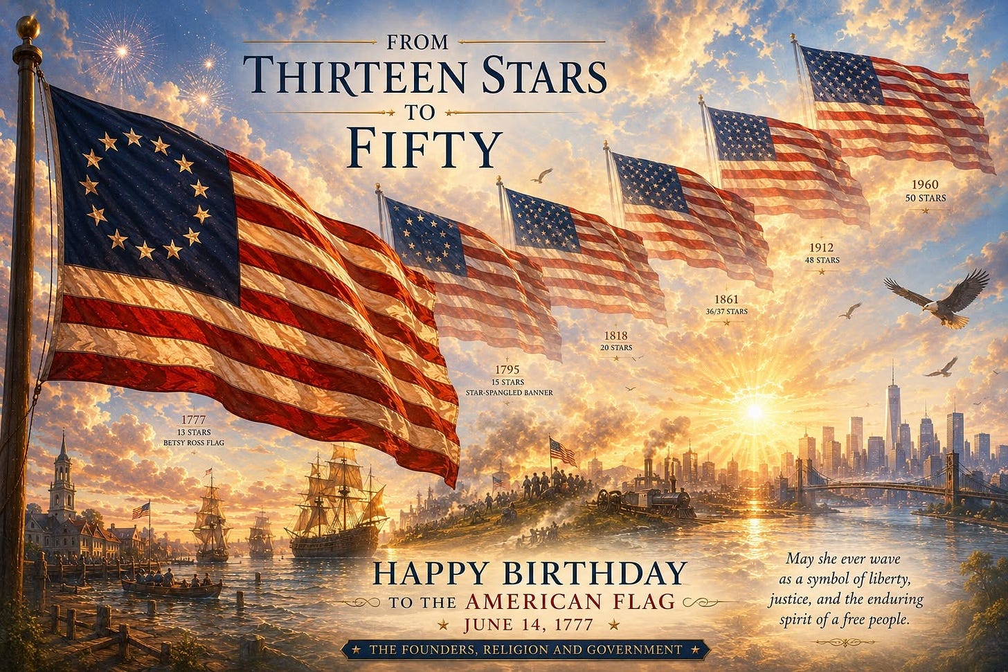 A patriotic poster titled “From Thirteen Stars to Fifty” shows a series of U.S. flags evolving from the 1777 13-star Betsy Ross flag through later versions (1795 15 stars, 1818 20 stars, 1861 36/37 stars, 1912 48 stars) to the 1960 50-star flag, all waving across a glowing sunrise sky with fireworks. Below, a waterfront scene transitions from colonial ships and a church steeple to soldiers, a steam train, and the modern New York City skyline with One World Trade Center and the Brooklyn Bridge, with bald eagles flying overhead. Text reads “Happy Birthday to the American Flag, June 14, 1777” and a quote about liberty and justice, with “The Founders, Religion and Government” at the bottom.