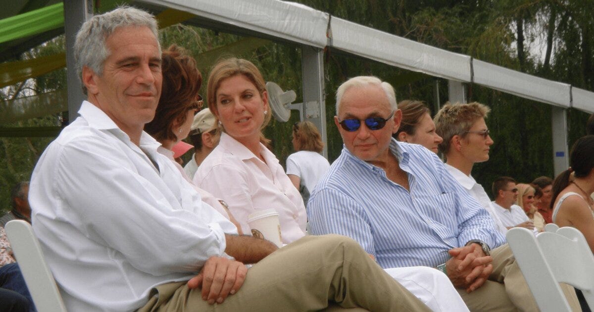 Jeffrey Epstein and Les Wexner seated together at an outdoor event, from Justice Department records Jeffrey Epstein and Les Wexner seated together at an outdoor event, from Justice Department records