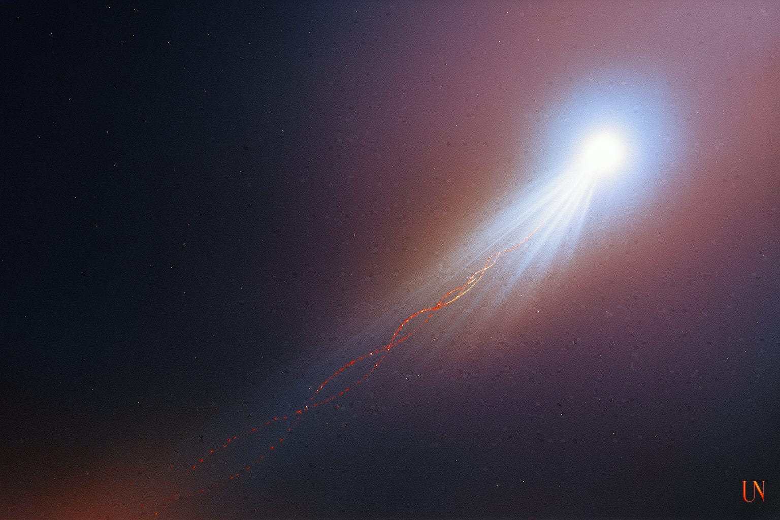 A blazing white sphere streaks across cosmic darkness, trailing radiant streams of blue light and intertwined red filaments—like DNA spiraling in a comet’s tail, creation unfolding in motion.