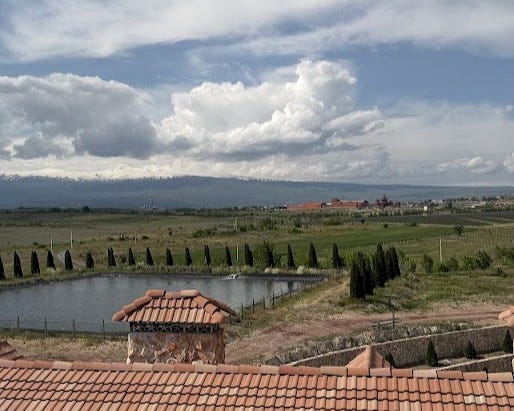 View from Van Ardi's belltower over terracotta tiles, a reflecting pond lined with cypress trees, and vineyard rows, with Mounts Ara and Aragats rising in the distance under a cloudy Armenian sky