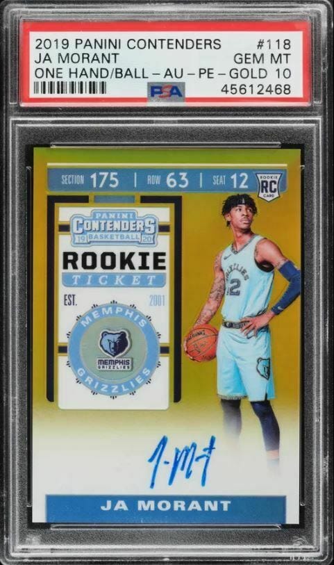 Image 1 - JA MORANT 2019-20 CONTENDERS PREMIUM GOLD PRIZM ROOKIE AUTO #/10 PSA 10 GEM MINT